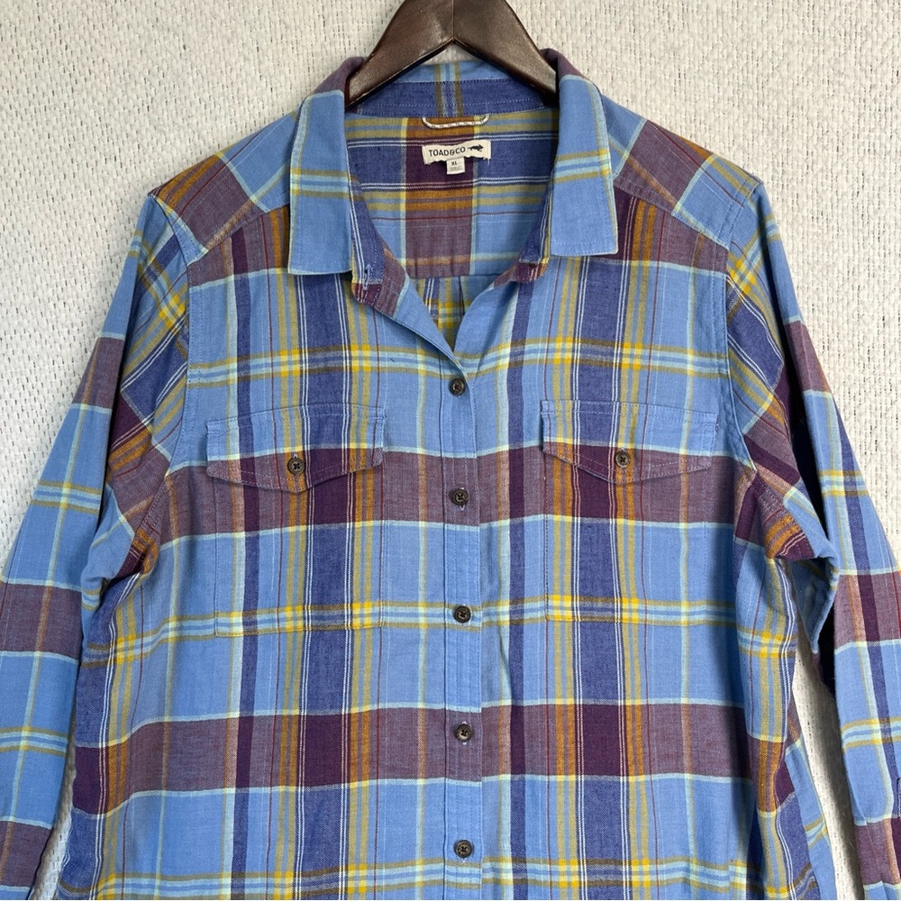 Toad Co Re Form Flannel Shirt Womens XL Blue Brown Plaid Button Down Casual Top - Picture 2 of 16